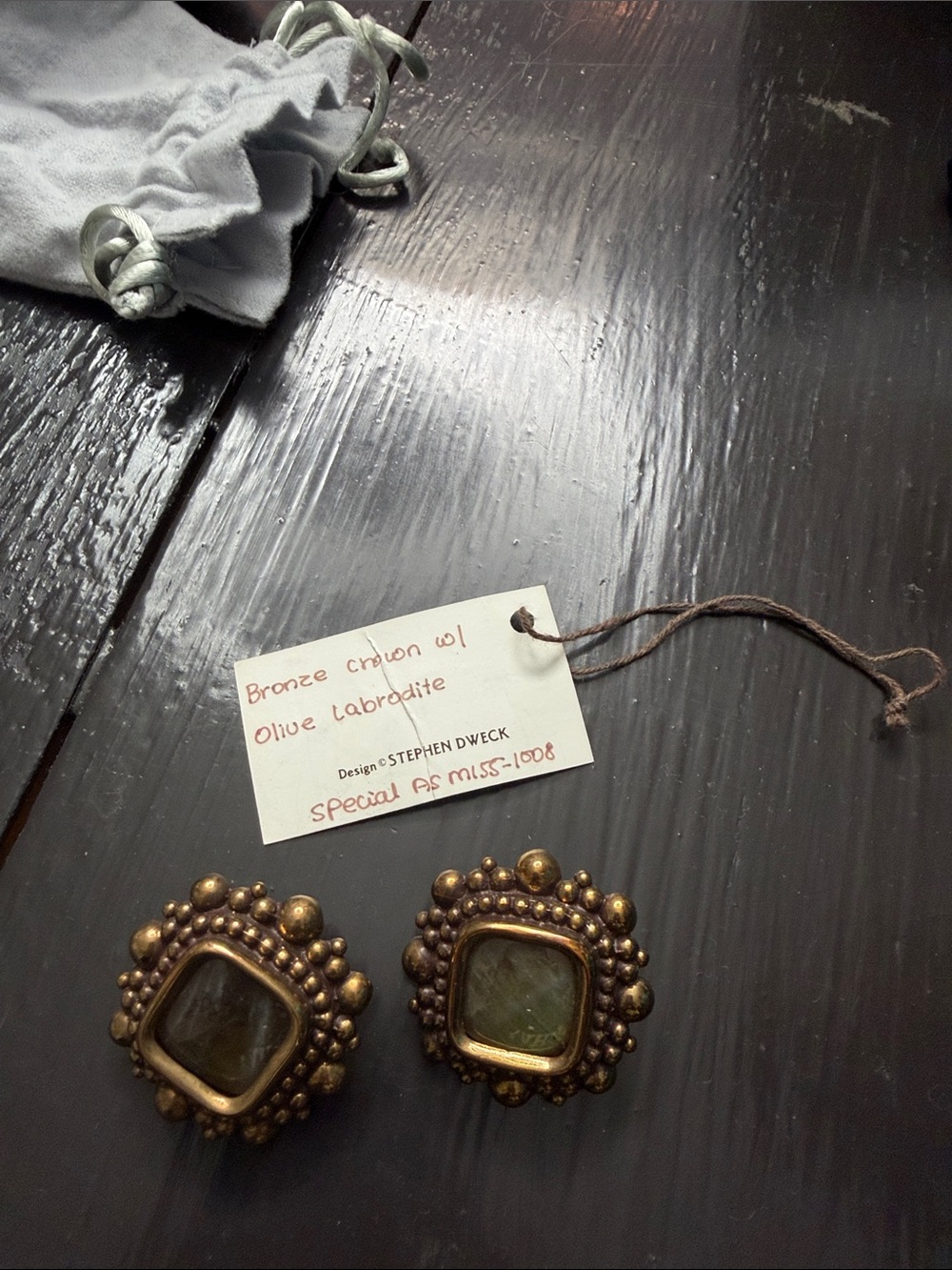 Stephen Dweck Bronze Earrings with Olive Green Labradorite Cabochons
